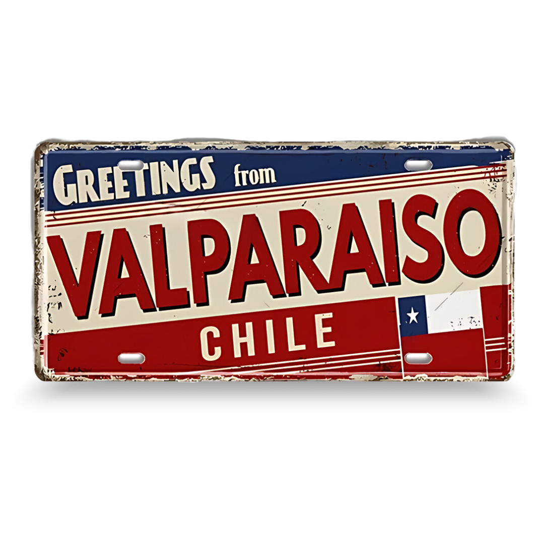 Vintage-style sign with 'Greetings from Valparaiso, Chile' text on a white background