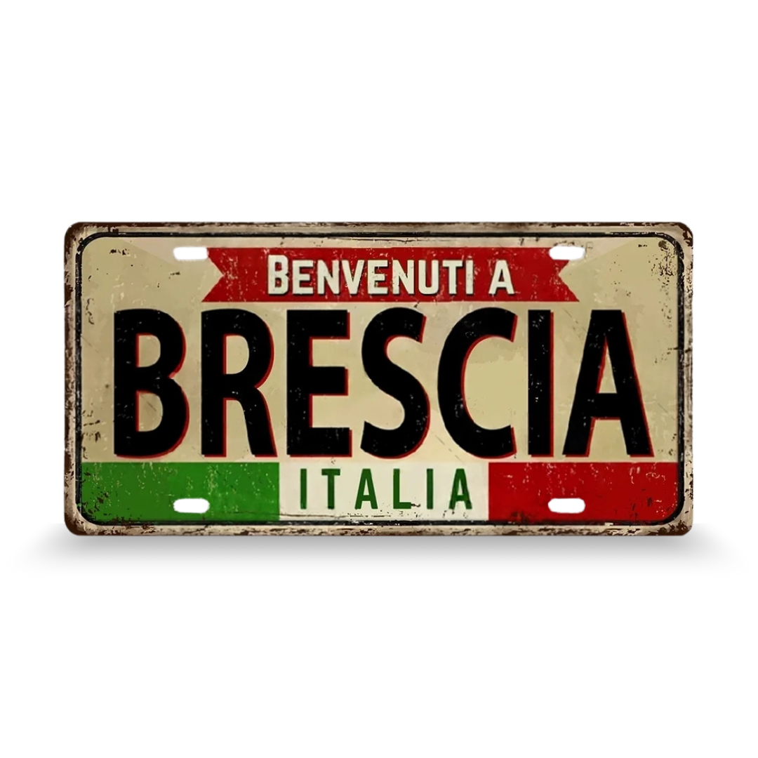 Decorative sign with 'Benvenuti a Brescia Italia' text on a beige background • Papagaio Studio Art Shop