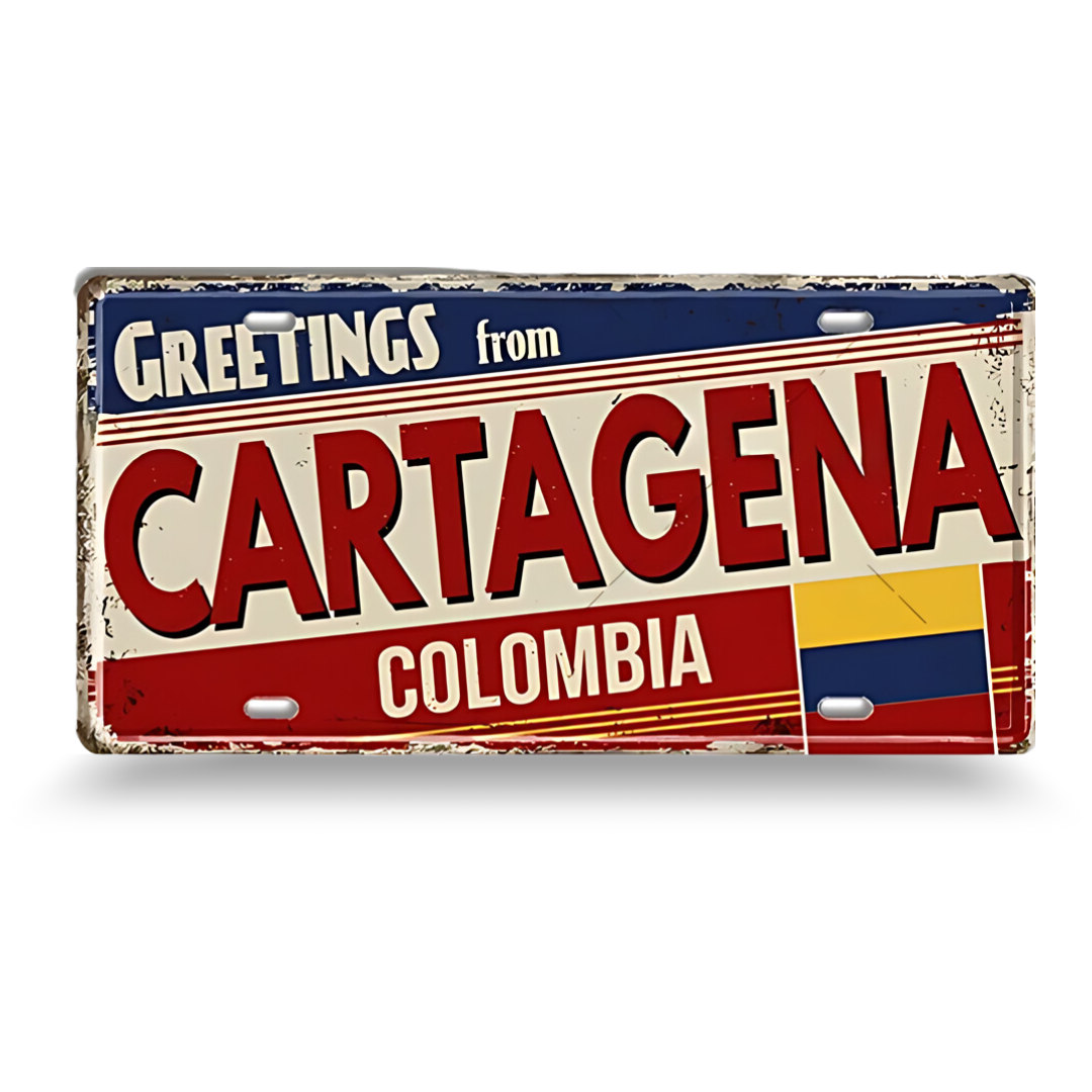 Vintage-style sign with 'Greetings from Cartagena, Colombia' text and a small flag on a white background.