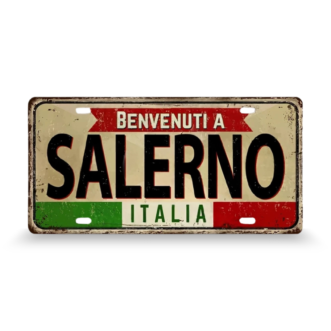 Decorative sign with 'Benvenuti a Salerno Italia' text on a white background • Papagaio Studio Art Shop