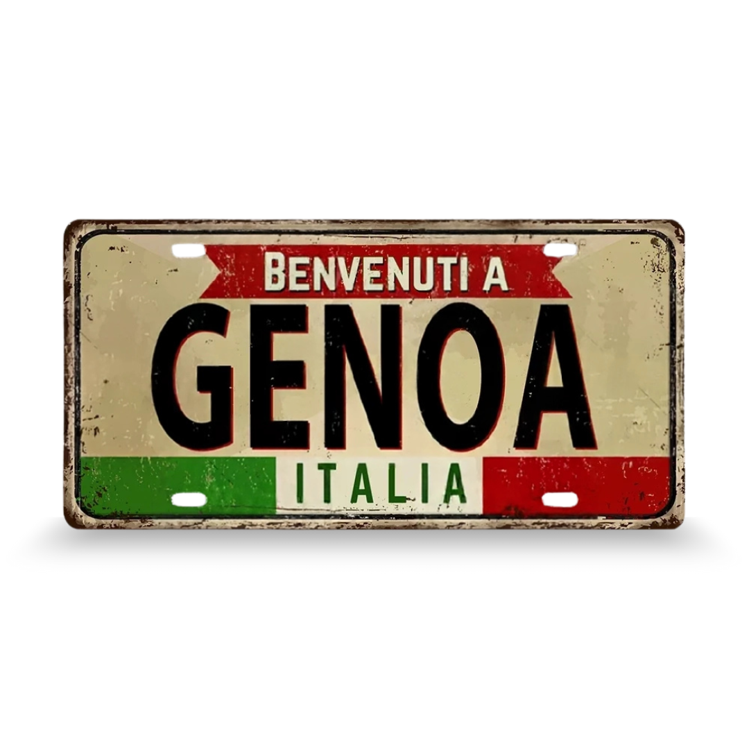 Decorative sign with 'Benvenuti a Genoa Italia' text on a beige background • Papagaio Studio Art Shop