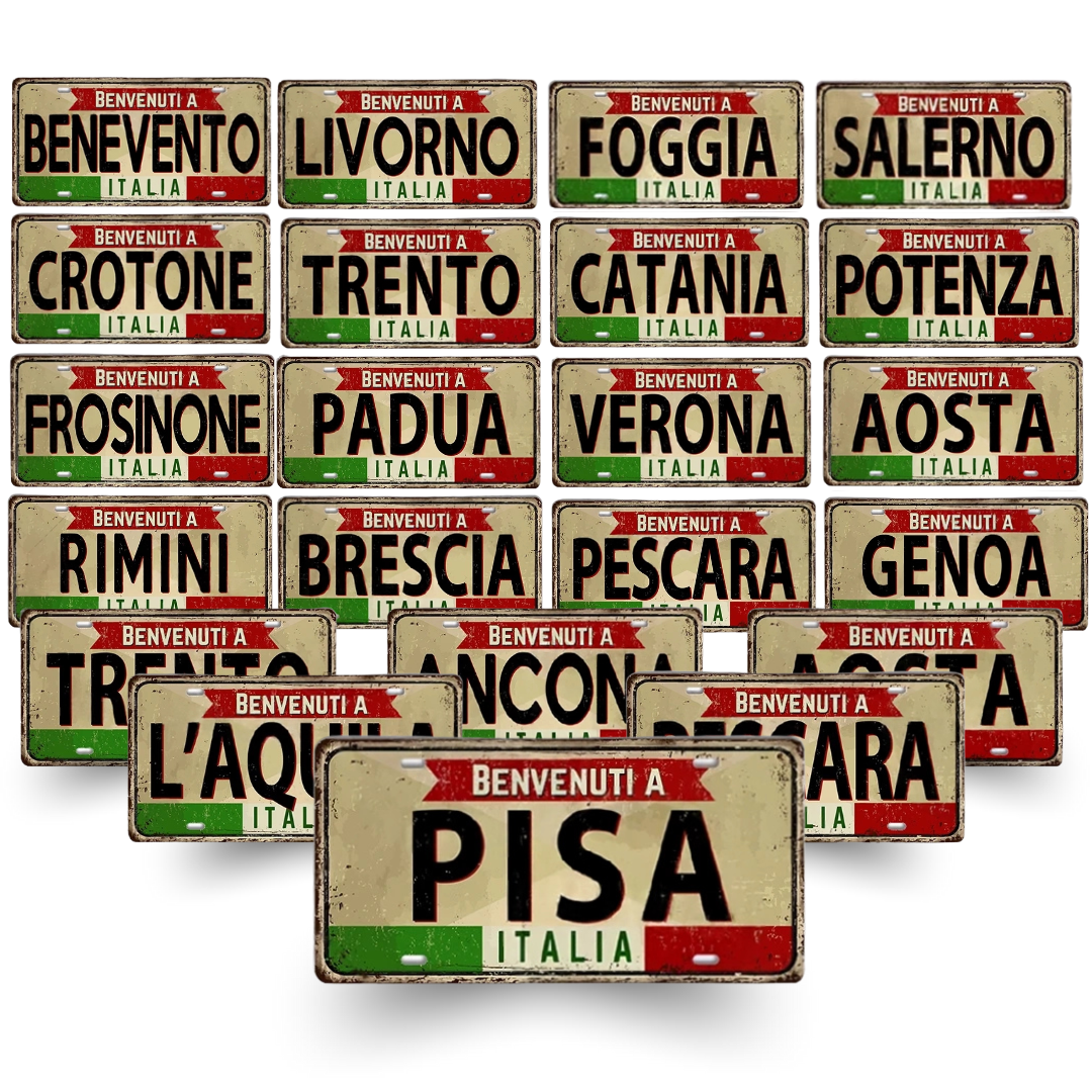 Collection of Italian city license plates on a white background • Papagaio Studio Art Shop