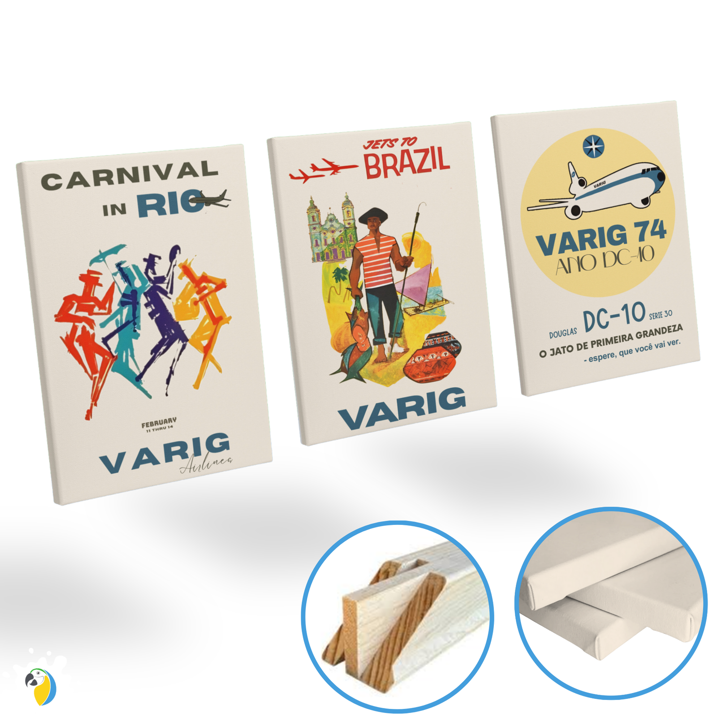 3-Set Varig Brazilian Airline Vintage Canvas Print • Restored 1960s Retro Aviation Ad Poster • Papagaio Studio Decor Shop