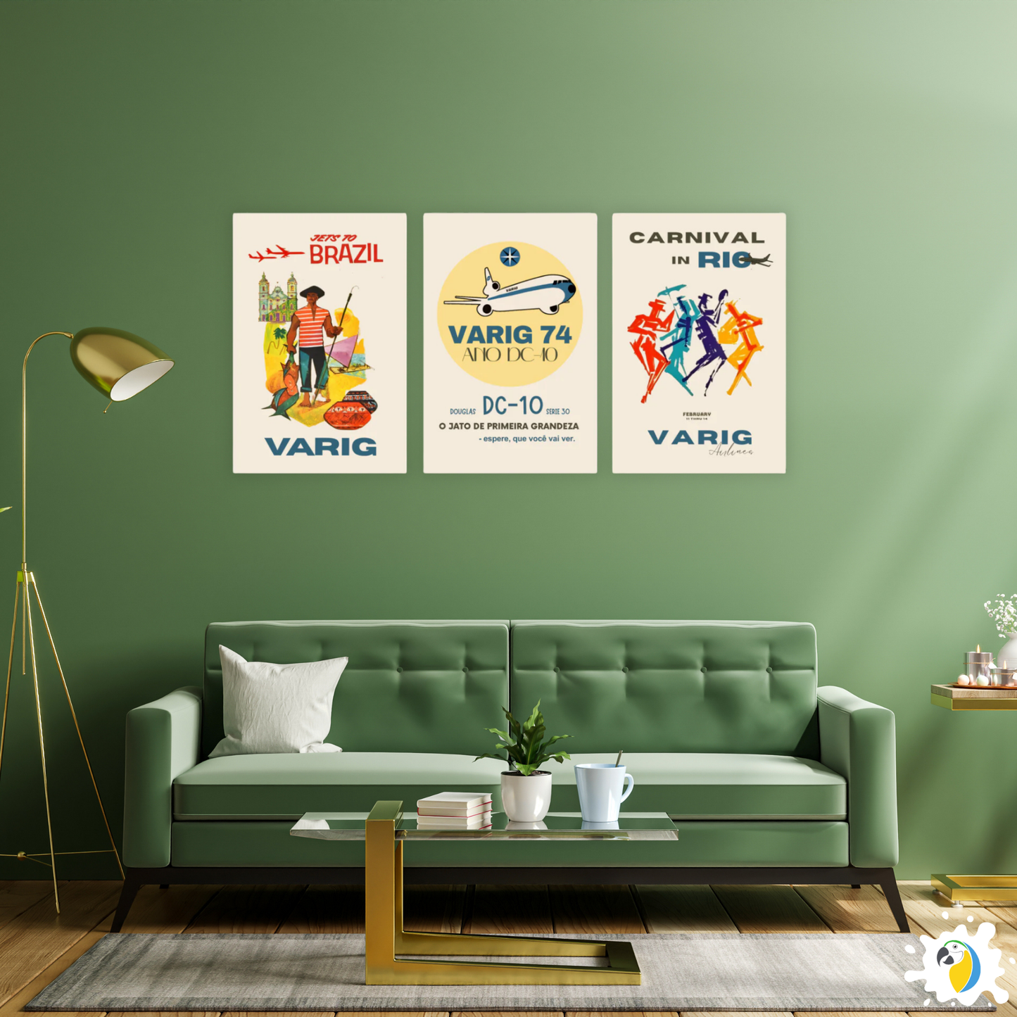 3-Set Varig Brazilian Airline Vintage Canvas Print • Restored 1960s Retro Aviation Ad Poster • Papagaio Studio Decor Shop