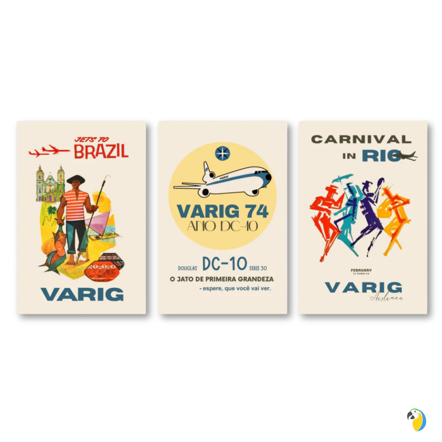 3-Set Varig Brazilian Airline Vintage Canvas Print • Restored 1960s Retro Aviation Ad Poster • Papagaio Studio Decor Shop