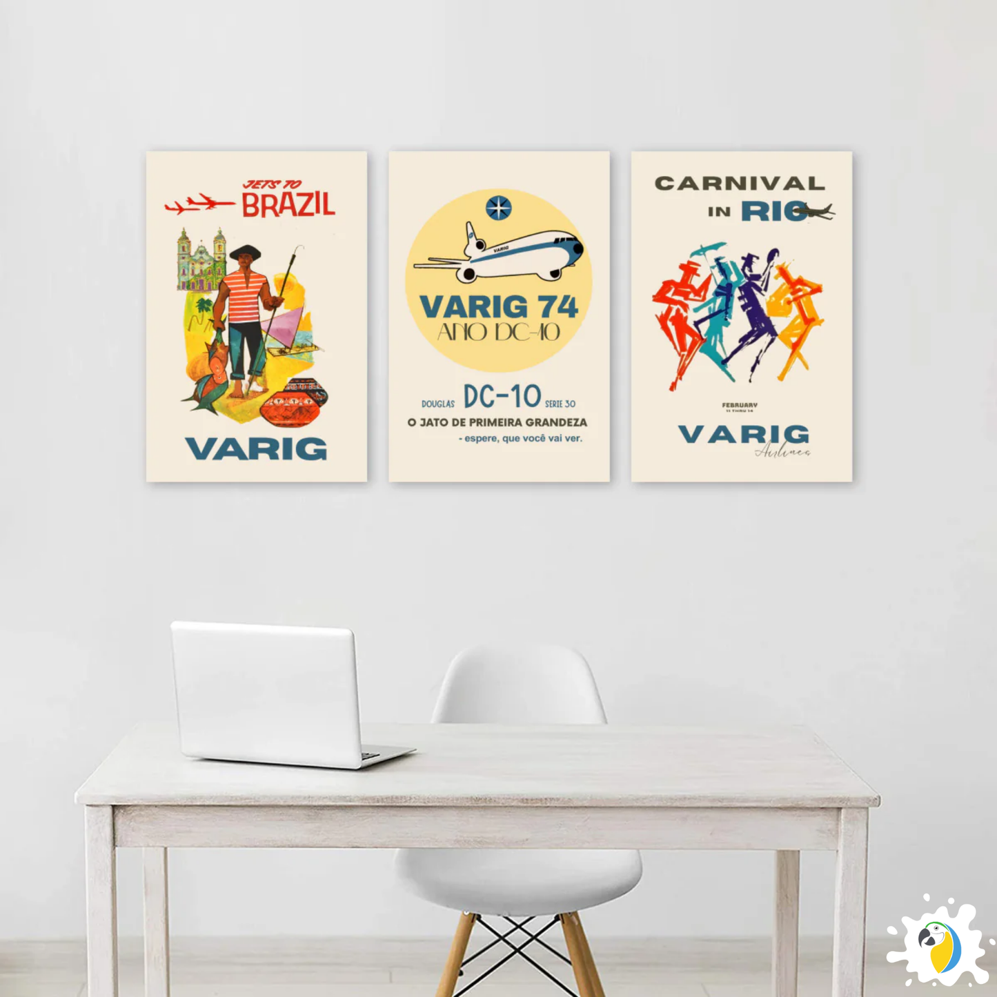 3-Set Varig Brazilian Airline Vintage Canvas Print • Restored 1960s Retro Aviation Ad Poster • Papagaio Studio Decor Shop