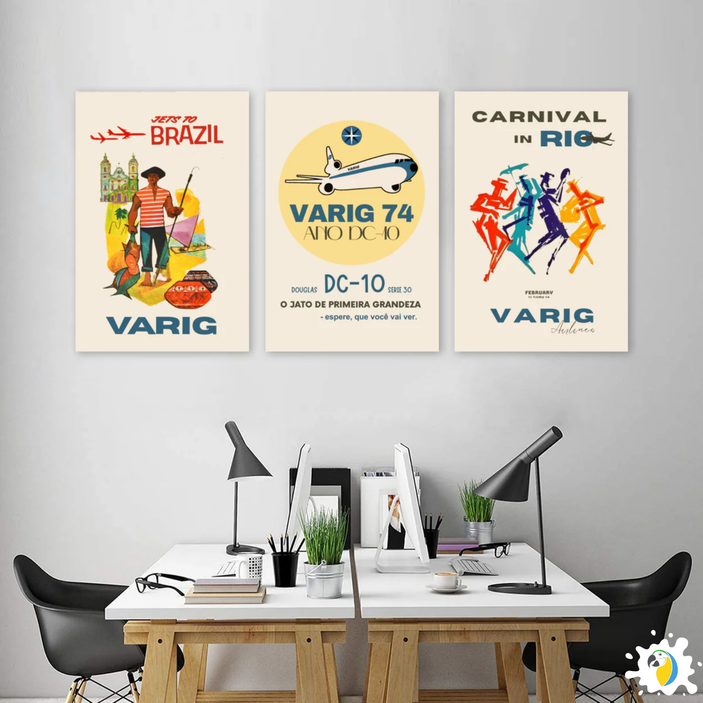 3-Set Varig Brazilian Airline Vintage Canvas Print • Restored 1960s Retro Aviation Ad Poster • Papagaio Studio Decor Shop