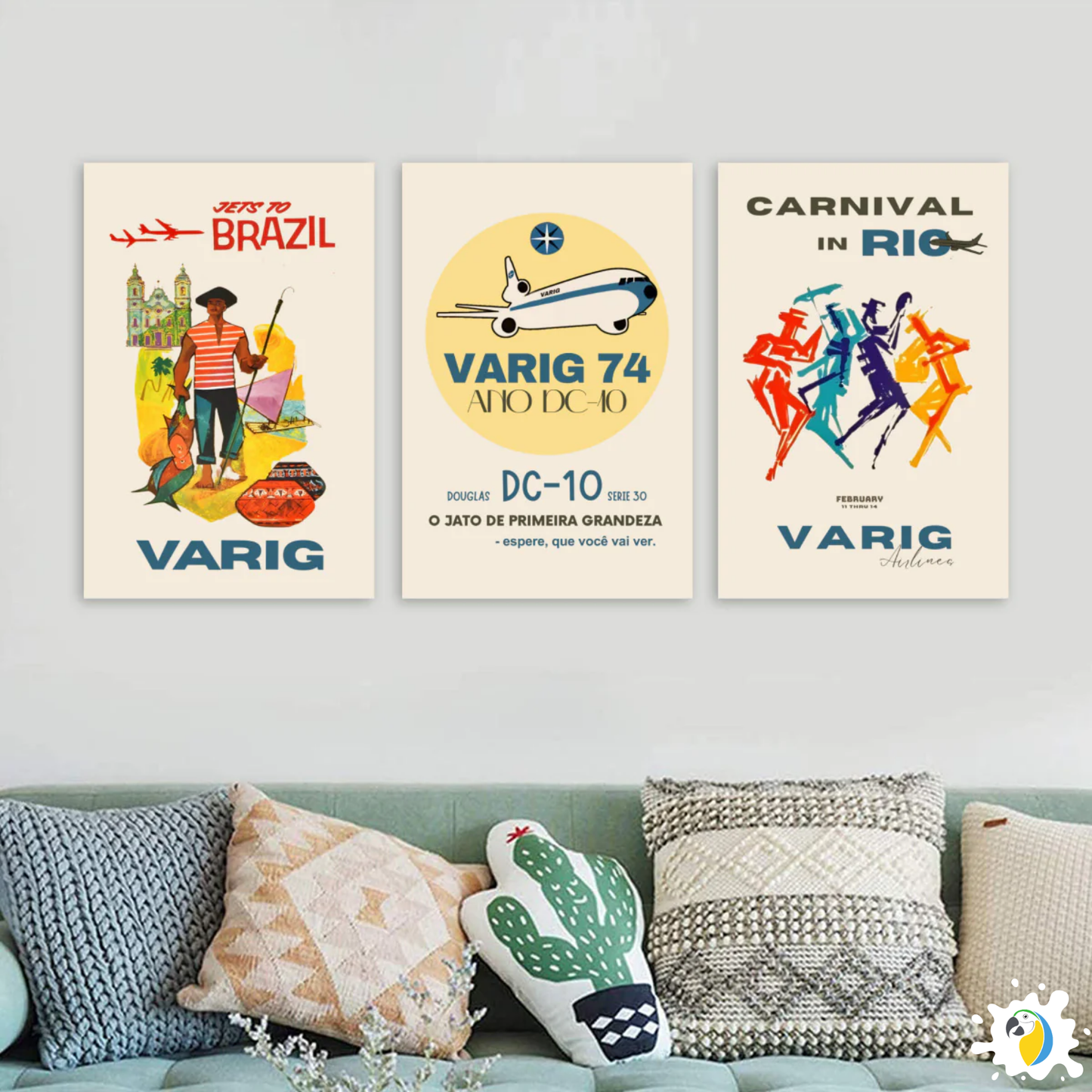 3-Set Varig Brazilian Airline Vintage Canvas Print • Restored 1960s Retro Aviation Ad Poster • Papagaio Studio Decor Shop