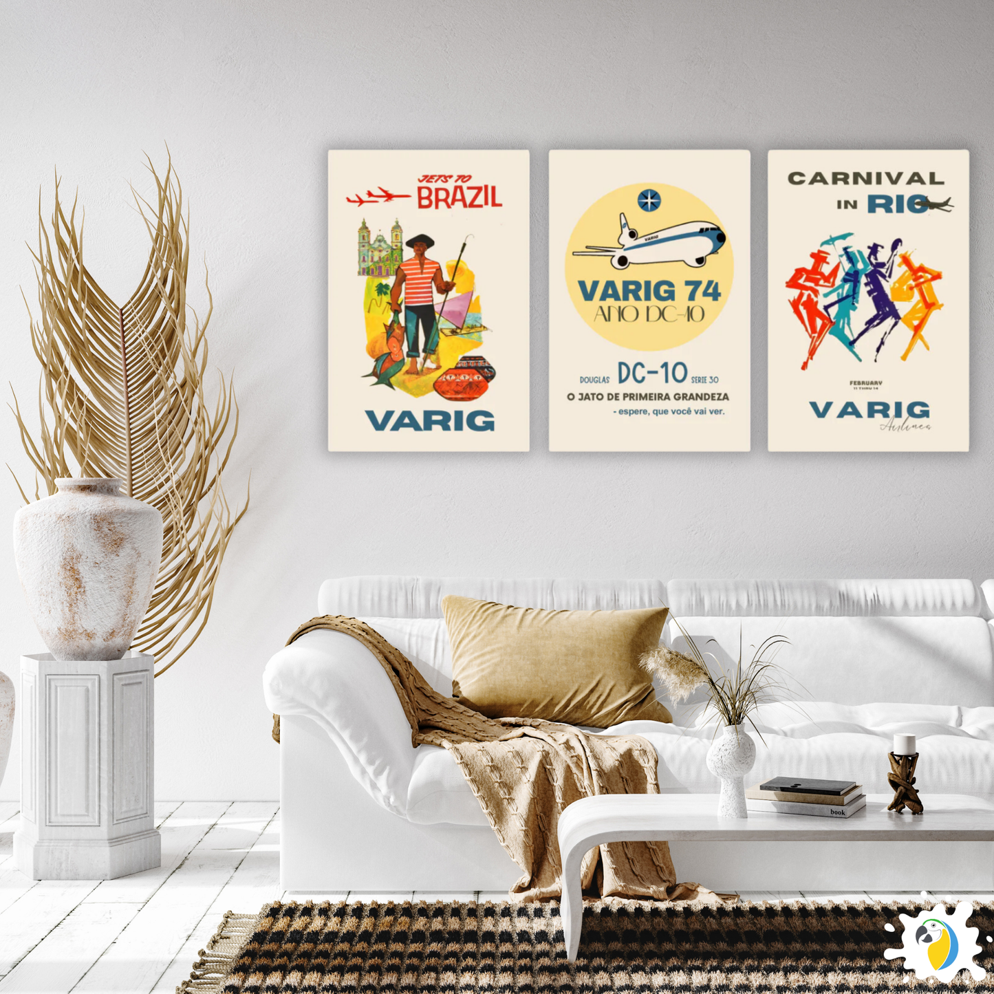 3-Set Varig Brazilian Airline Vintage Canvas Print • Restored 1960s Retro Aviation Ad Poster • Papagaio Studio Decor Shop