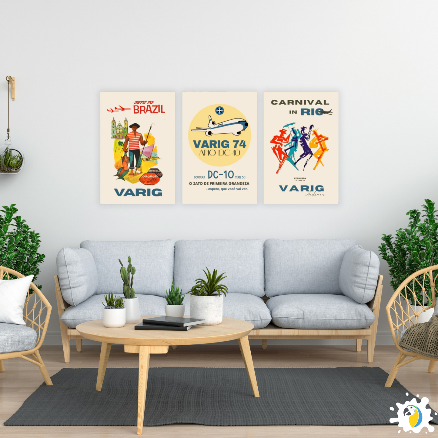 3-Set Varig Brazilian Airline Vintage Canvas Print • Restored 1960s Retro Aviation Ad Poster • Papagaio Studio Decor Shop