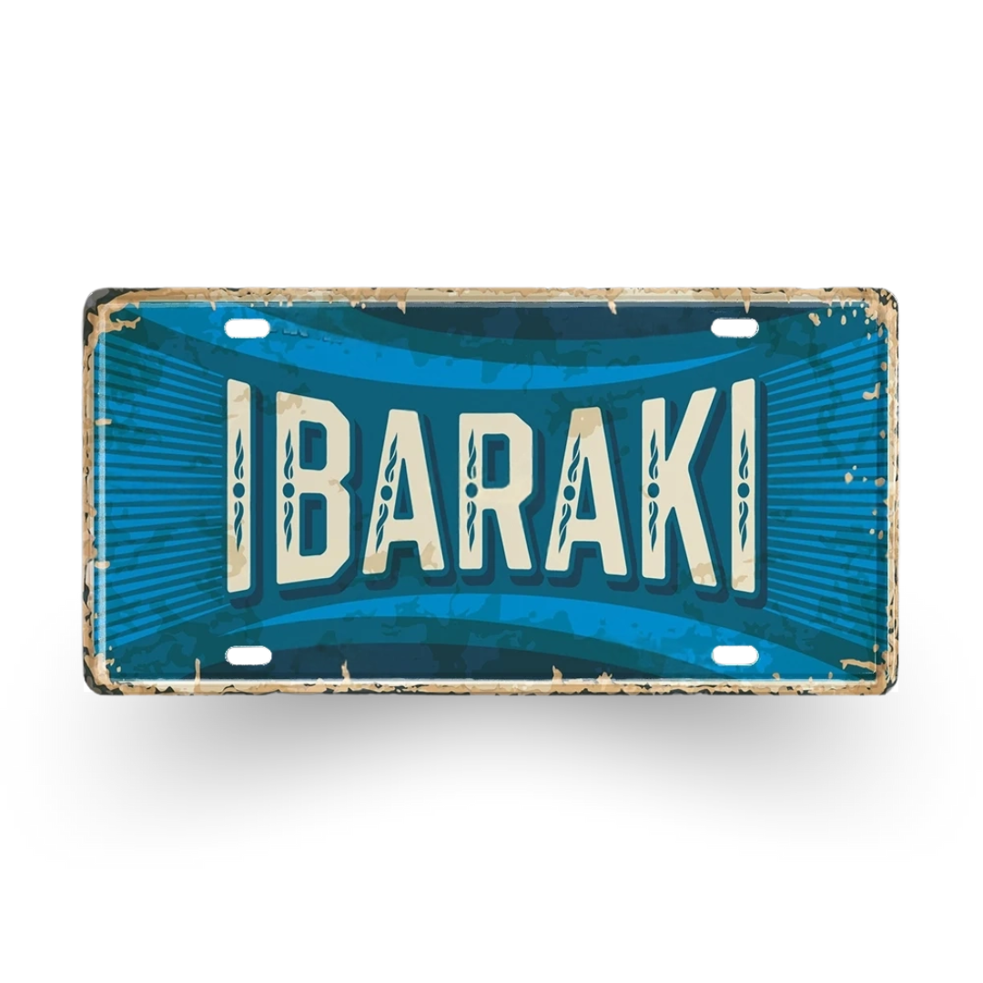 Vintage-style license plate with 'BARAKI' text on a blue background