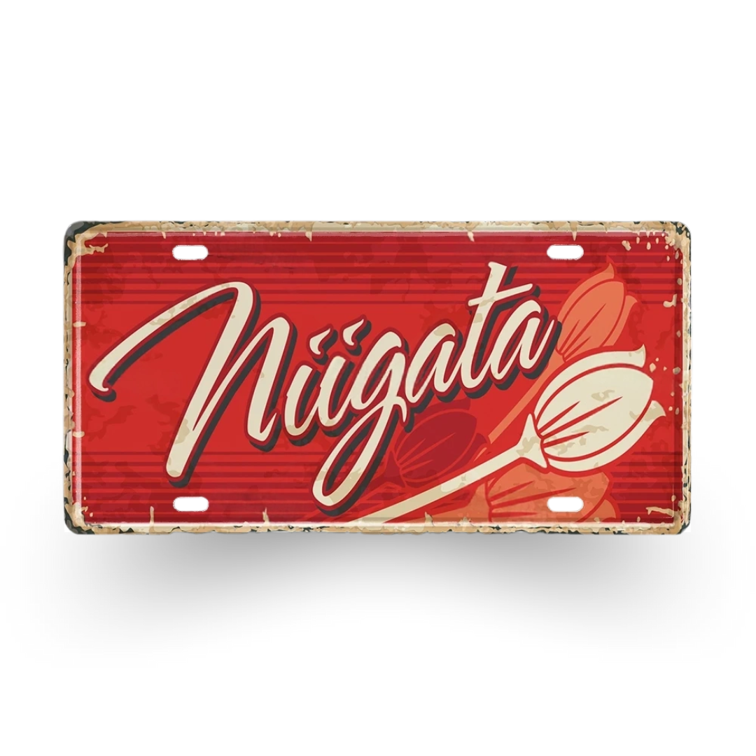 Vintage-style red sign with 'Négata' and a spoon graphic on a white background