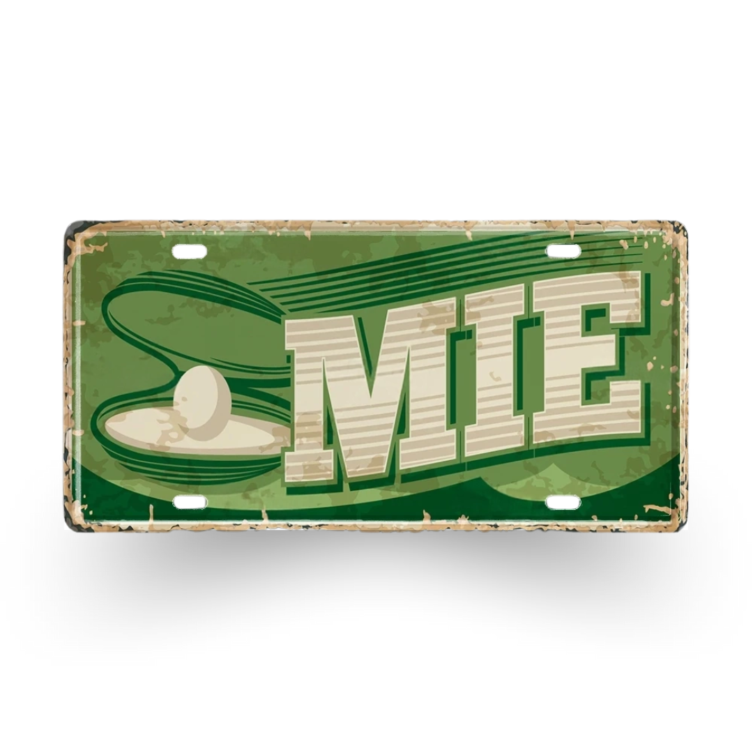 Vintage-style green sign with 'MIE' text on a white background
