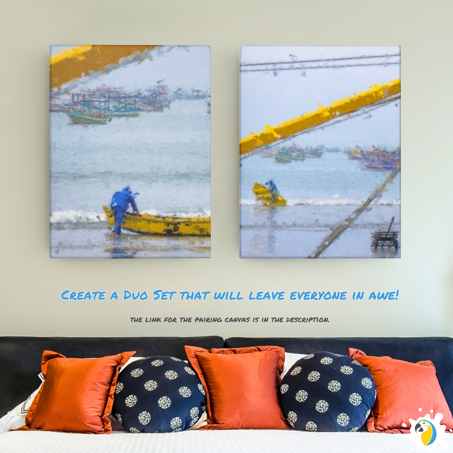 Brazilian Art • Fisherman Ocean Beach Impressionist Painting • Guarujá Brazil Blue Yellow Wall Hanging Stretched Canvas Digital Print