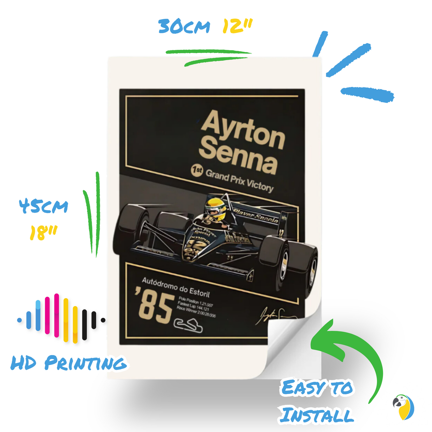 Ayrton Senna 1st Grand Prix Victory At Estoril 1985 • Self-Adhesive Poster • Papagaio Studio Brazilian Shop