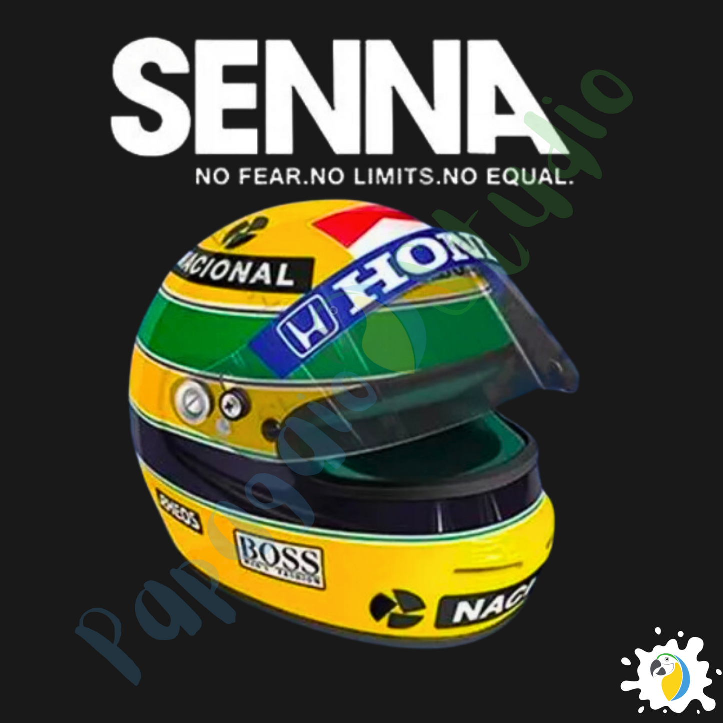 Ayrton Senna F1 Racer Yellow Helmet T-Shirt • Mens Crew Neck Brazil Racing Sports Fan Gift • Tee Apparel For Brazilian Formula One Fanatic • Papagaio Studio Apparel