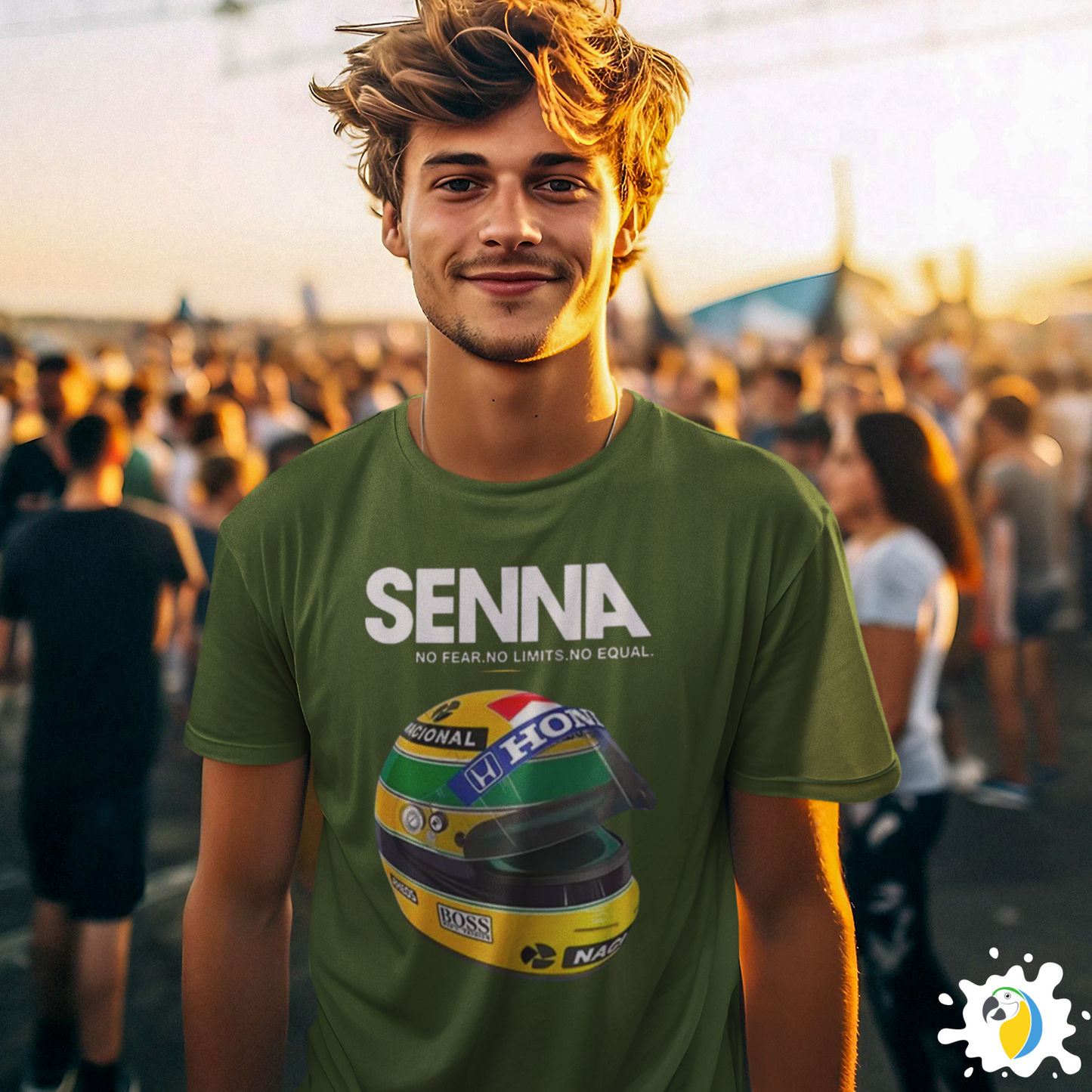 Ayrton Senna F1 Racer Yellow Helmet T-Shirt • Mens Crew Neck Brazil Racing Sports Fan Gift • Tee Apparel For Brazilian Formula One Fanatic • Papagaio Studio Apparel