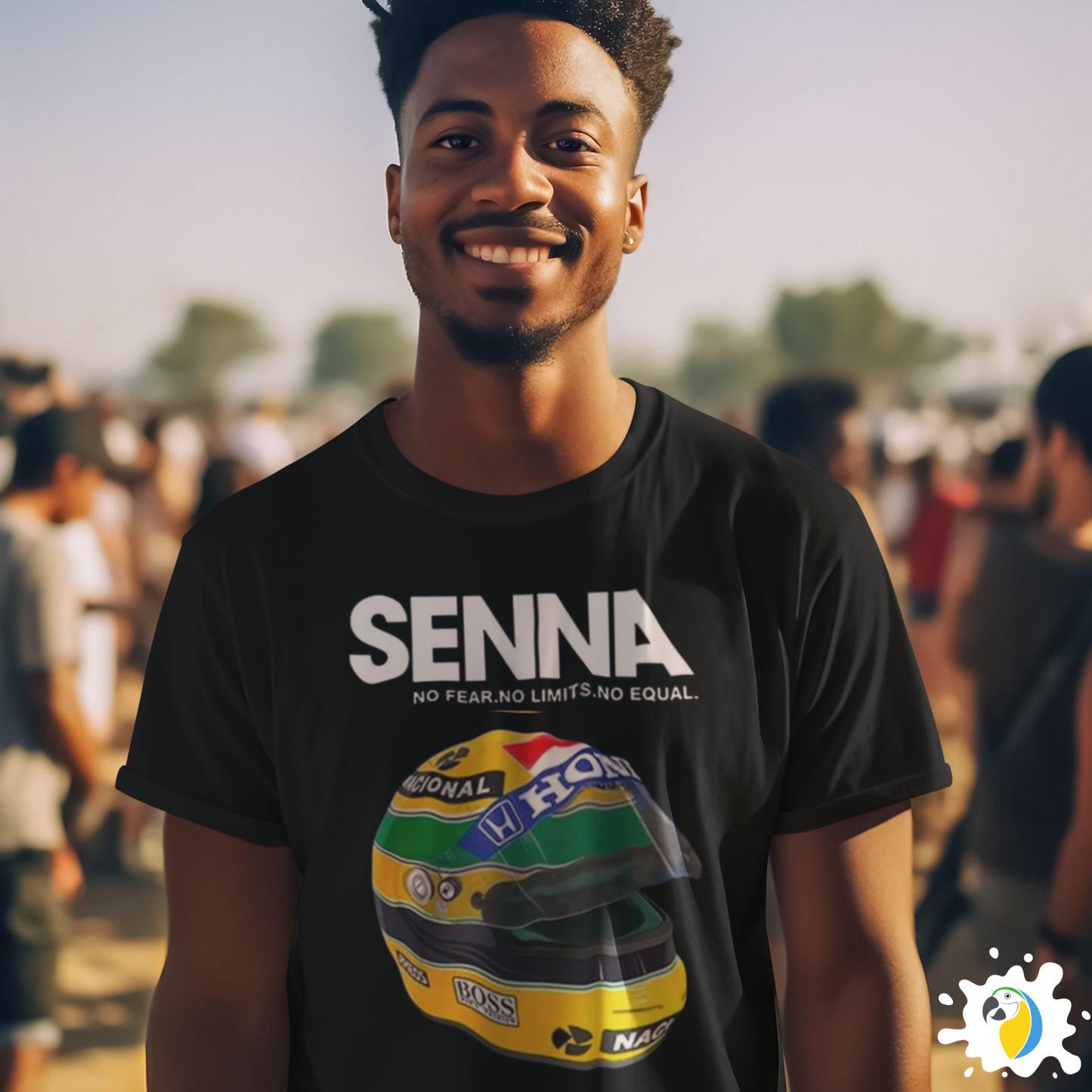 Ayrton Senna F1 Racer Yellow Helmet T-Shirt • Mens Crew Neck Brazil Racing Sports Fan Gift • Tee Apparel For Brazilian Formula One Fanatic • Papagaio Studio Apparel