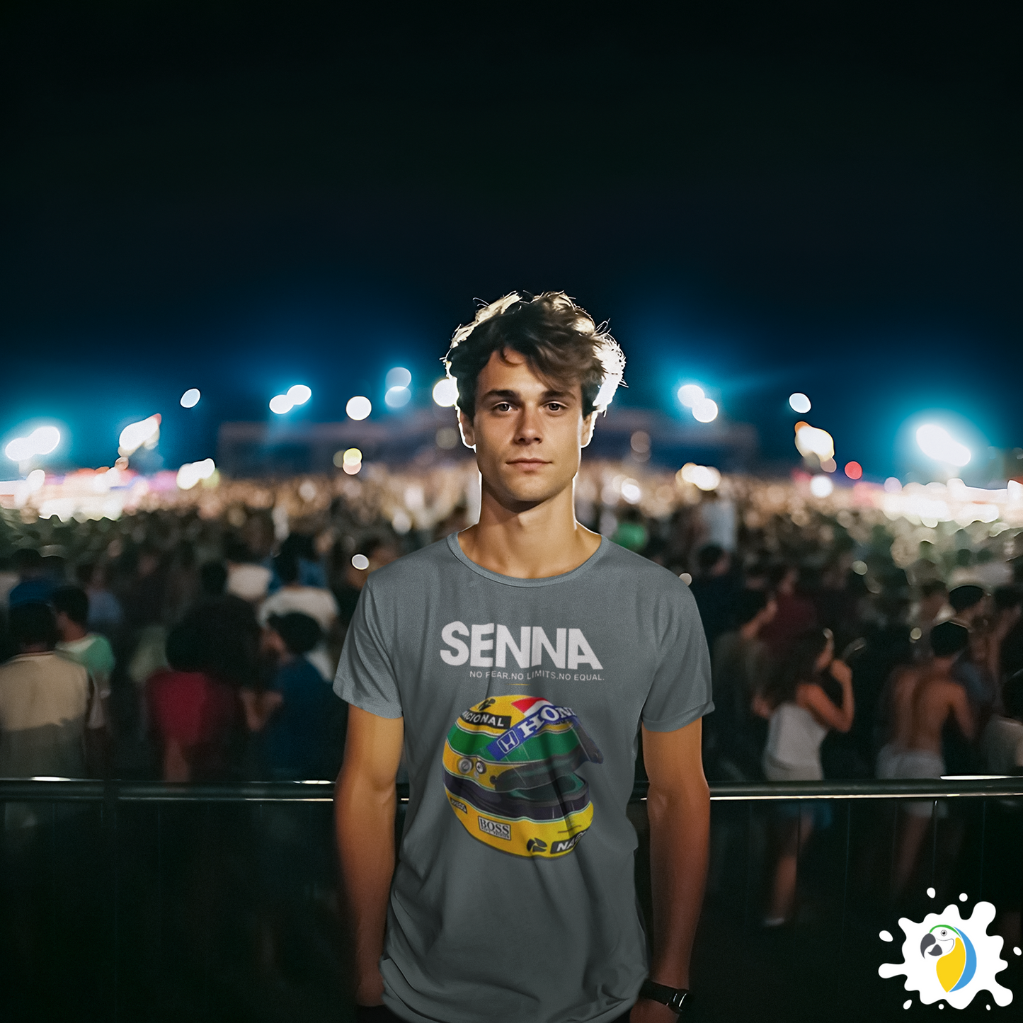 Ayrton Senna F1 Racer Yellow Helmet T-Shirt • Mens Crew Neck Brazil Racing Sports Fan Gift • Tee Apparel For Brazilian Formula One Fanatic • Papagaio Studio Apparel