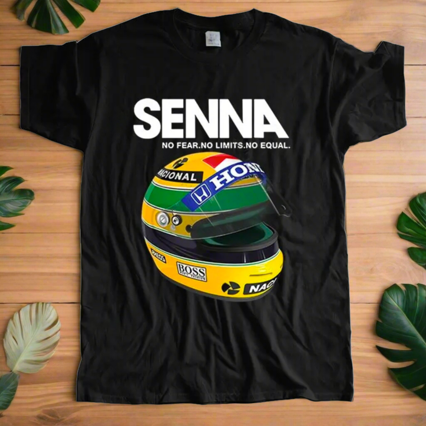 Ayrton Senna F1 Racer Yellow Helmet T-Shirt • Mens Crew Neck Brazil Racing Sports Fan Gift • Tee Apparel For Brazilian Formula One Fanatic • Papagaio Studio Apparel