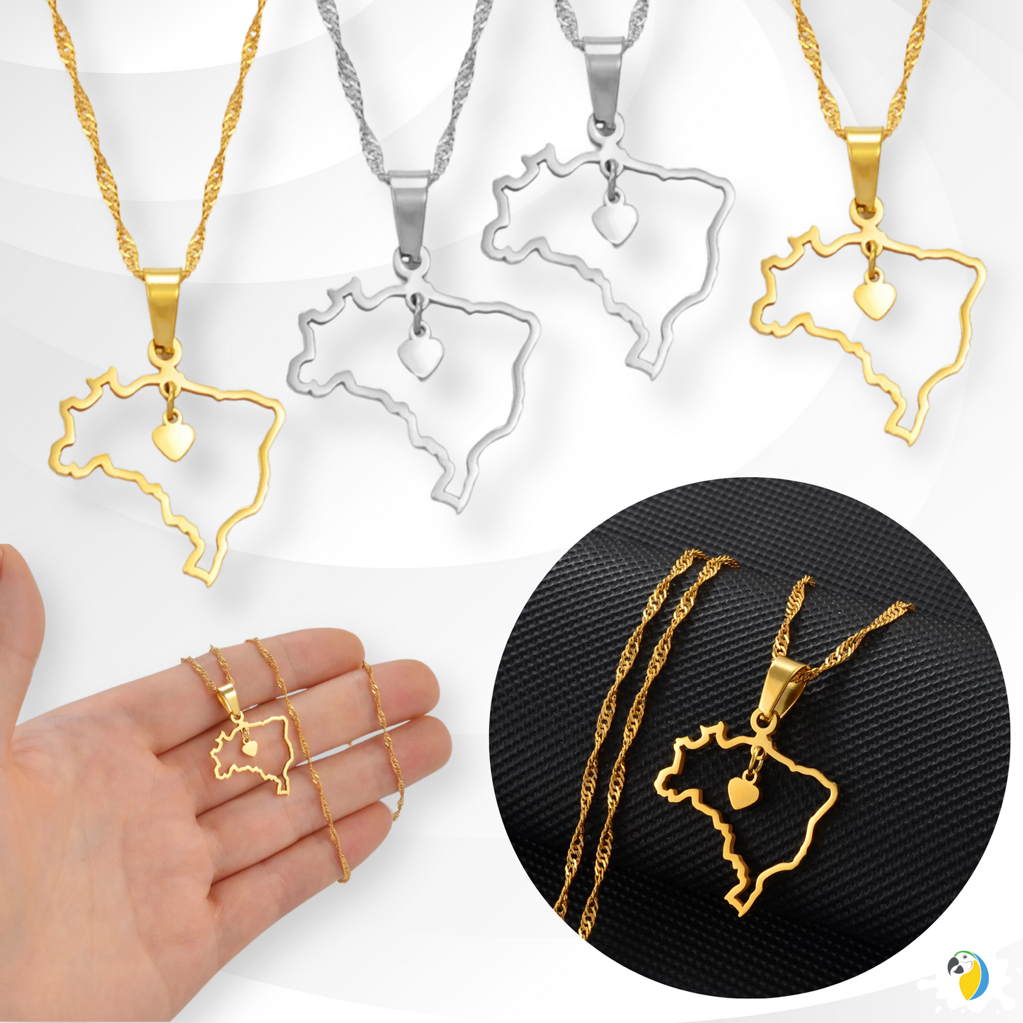 Brazil Heart Map Necklace • Dainty Silver Or Gold-Plated Stainless Steel Brasil-Shaped Pendant • Women Jewelry Gift For Brazilian Girlfriend • Papagaio Studio Shop