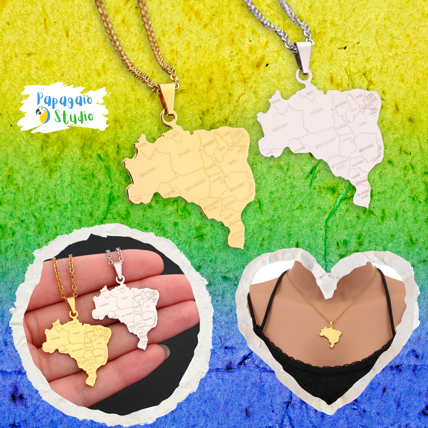 Brazil Map Necklace • Brazilian States Silver Or Gold-Plated Stainless Steel Pendant For Expat Women & Patriot Men • Brasil Jewelry Gift • Papagaio Studio Online Shop