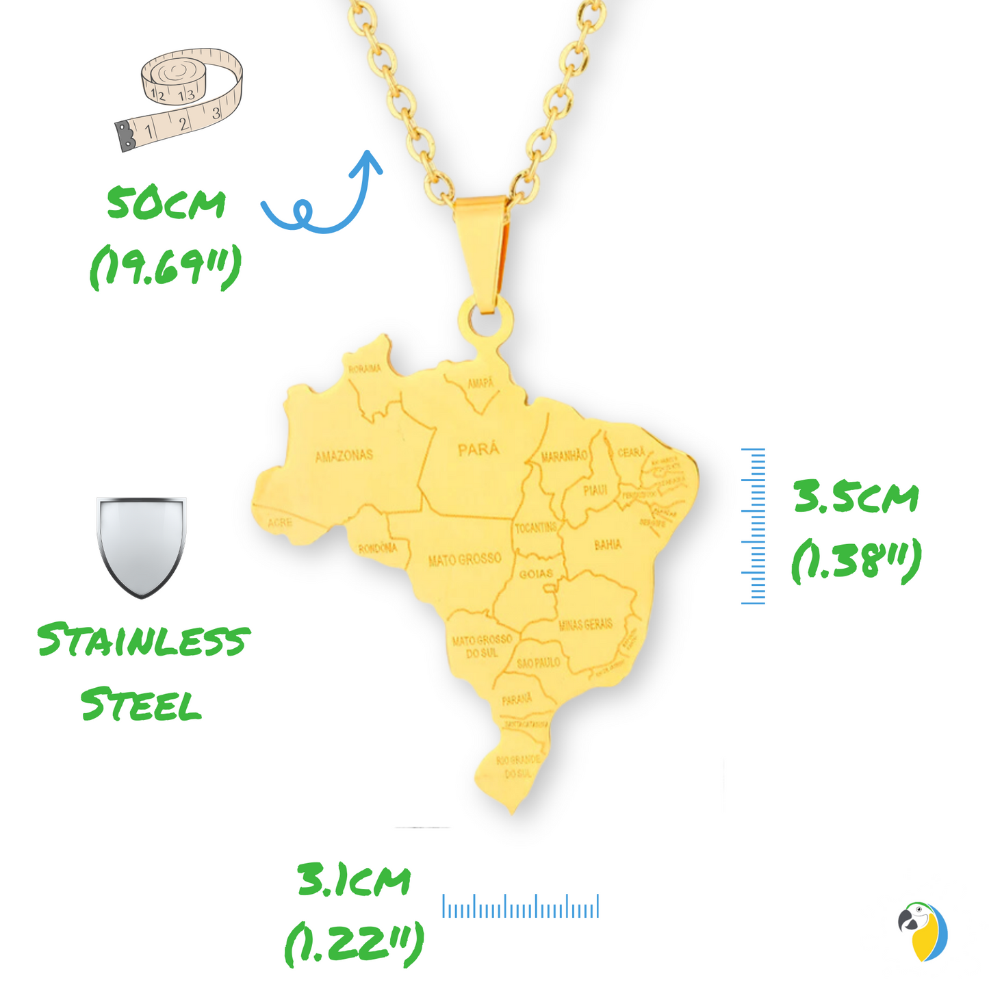 Brazil Map Necklace • Brazilian States Silver Or Gold-Plated Stainless Steel Pendant For Expat Women & Patriot Men • Brasil Jewelry Gift • Papagaio Studio Online Shop