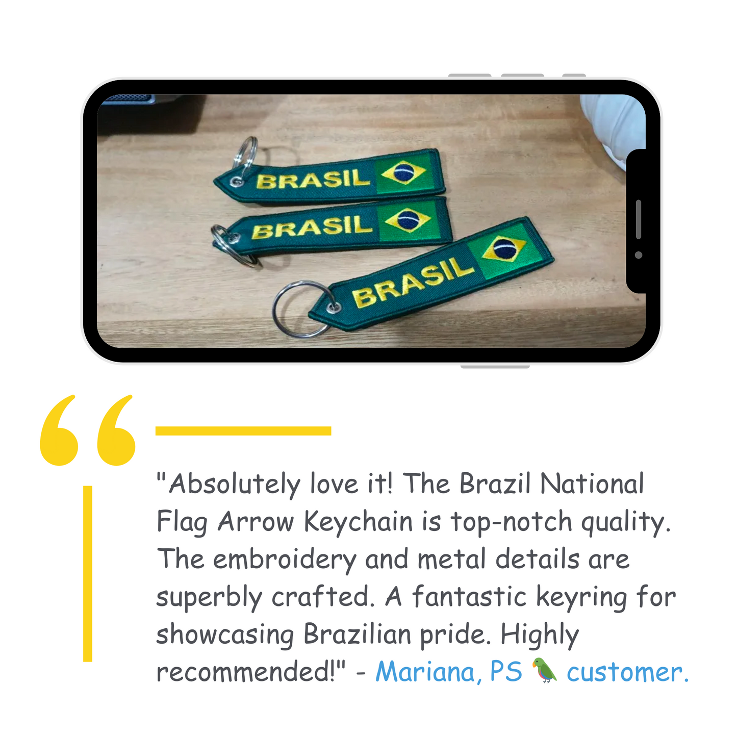 Brazil National Flag Arrow Shaped Embroidery Tag Keychain For Car Keys Backpack • Brasil Both Sides Embroidered Keyring Gift For Brazilian • Papagaio Studio Shop