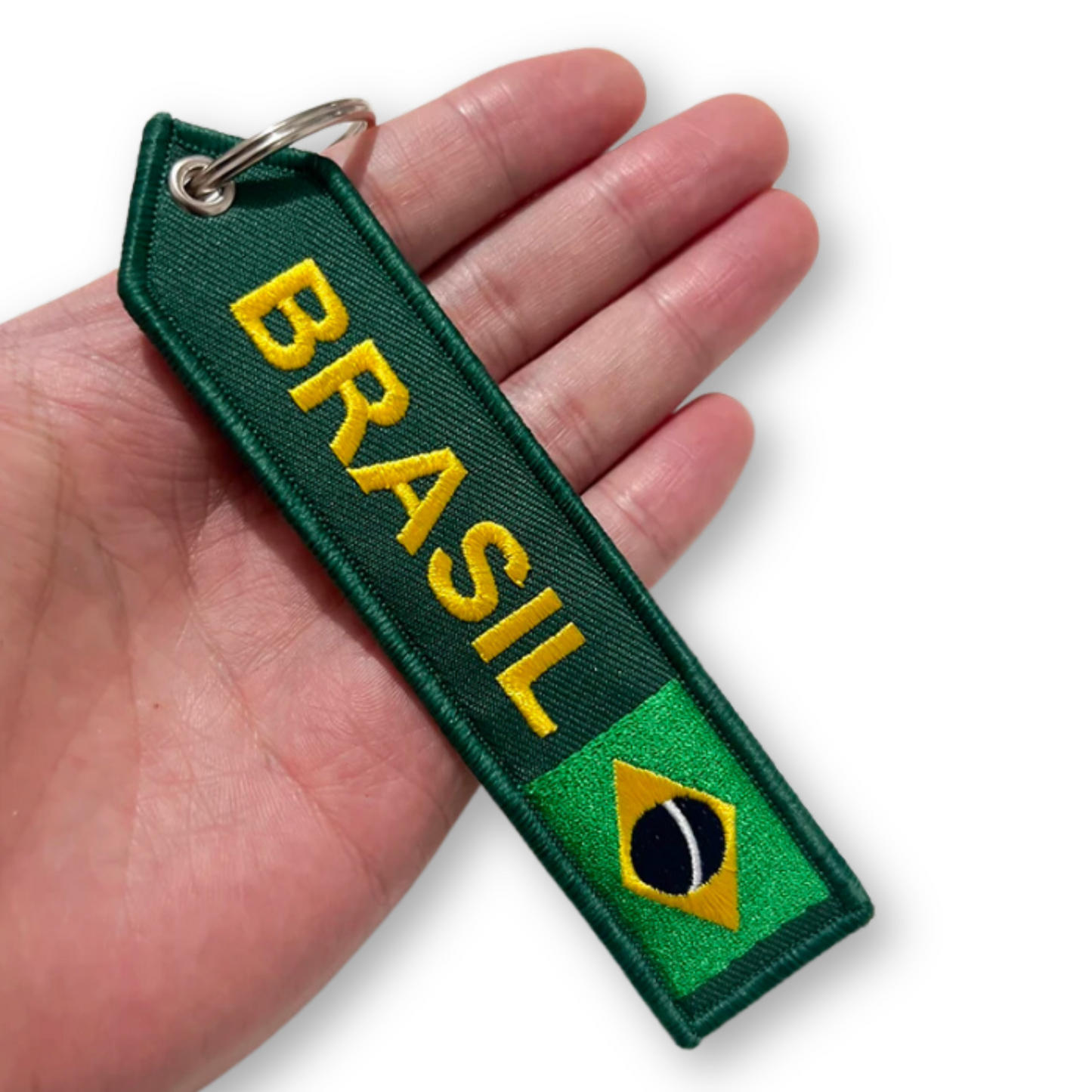 Brazil National Flag Arrow Shaped Embroidery Tag Keychain For Car Keys Backpack • Brasil Both Sides Embroidered Keyring Gift For Brazilian • Papagaio Studio Shop