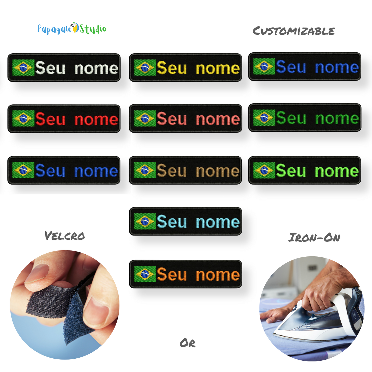 Brazilian Flag Custom Name Patch 10x2.5cm • Personal Brazil Name Tag Iron-On Hook-Loop Embroidery Stripe Armband Badge For DIY Customization • Papagaio Studio Shop