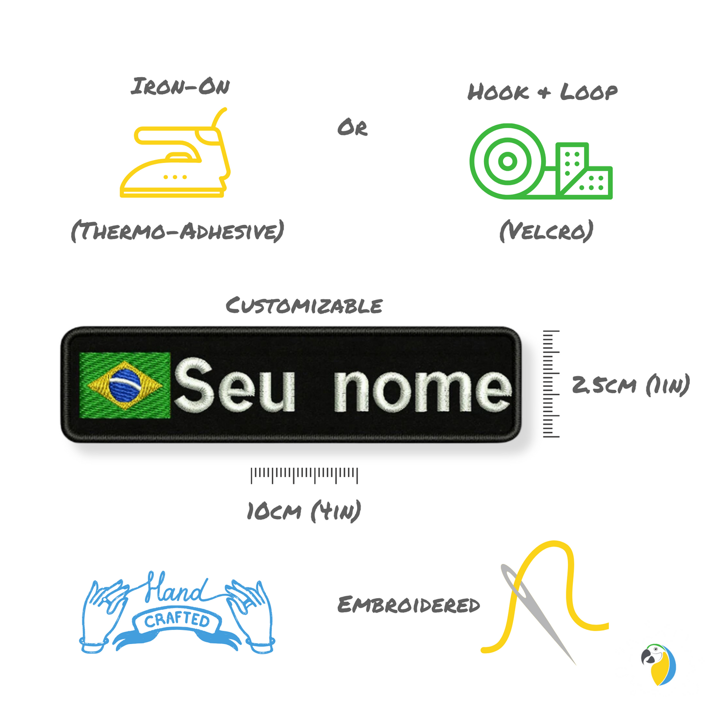 Brazilian Flag Custom Name Patch 10x2.5cm • Personal Brazil Name Tag Iron-On Hook-Loop Embroidery Stripe Armband Badge For DIY Customization • Papagaio Studio Shop