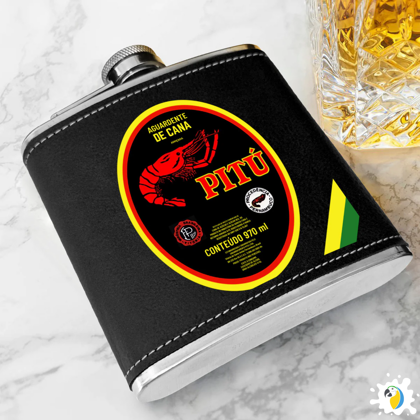 Cachaça Brazilian Spirit Drink Leather Flask • Pitú Aguardente De Cana Stainless Steel Alcoholic Drinks Portable Bottle • Papagaio Studio Merch Shop