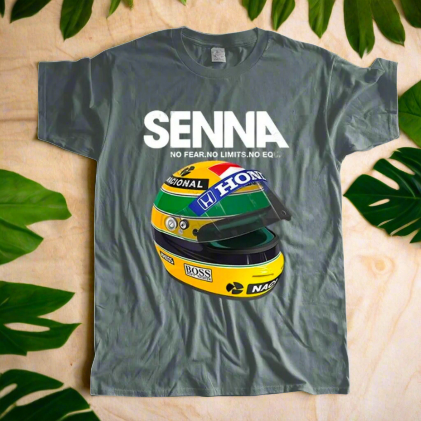 Ayrton Senna F1 Racer Yellow Helmet T-Shirt • Mens Crew Neck Brazil Racing Sports Fan Gift • Tee Apparel For Brazilian Formula One Fanatic • Papagaio Studio Apparel