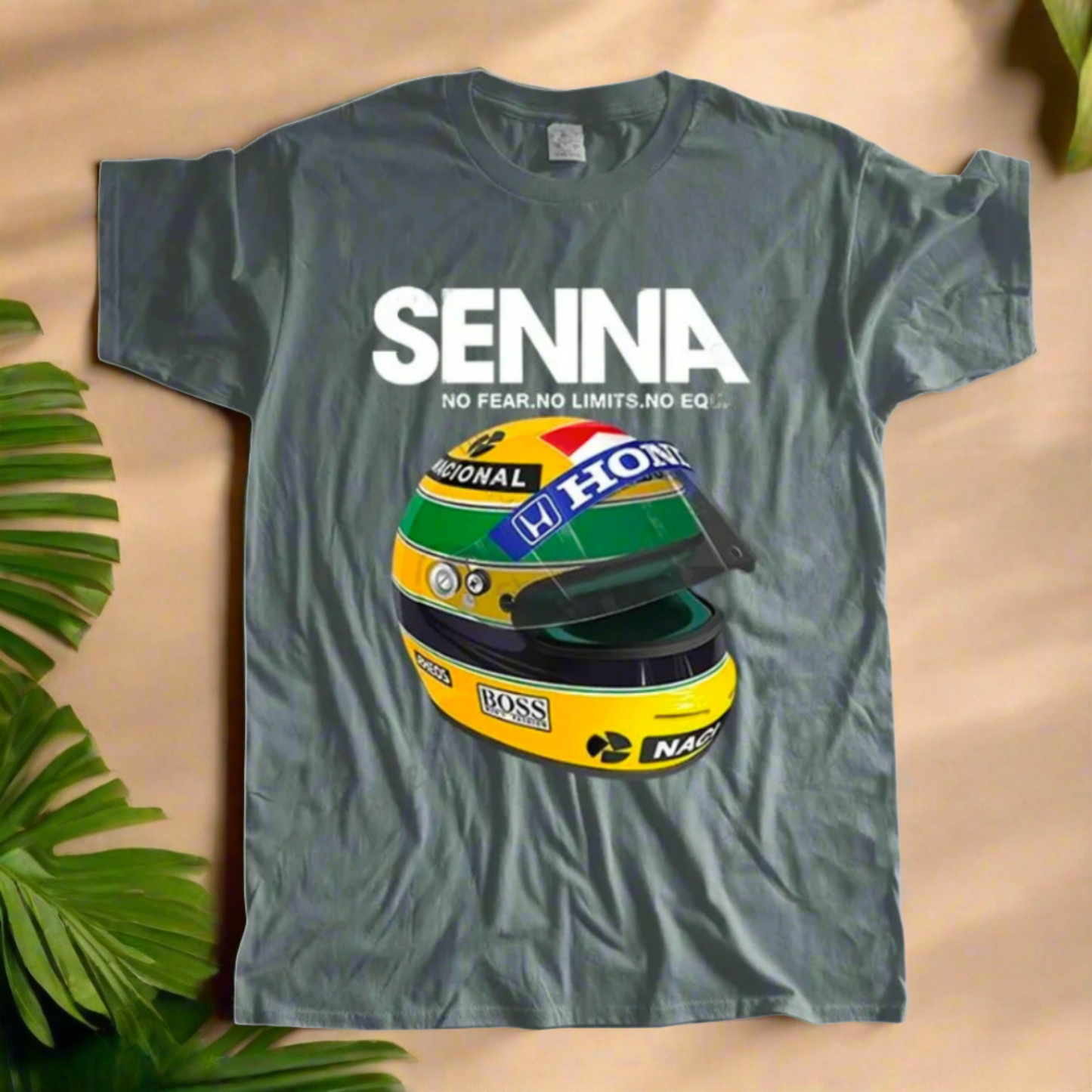 Ayrton Senna F1 Racer Yellow Helmet T-Shirt • Mens Crew Neck Brazil Racing Sports Fan Gift • Tee Apparel For Brazilian Formula One Fanatic • Papagaio Studio Apparel