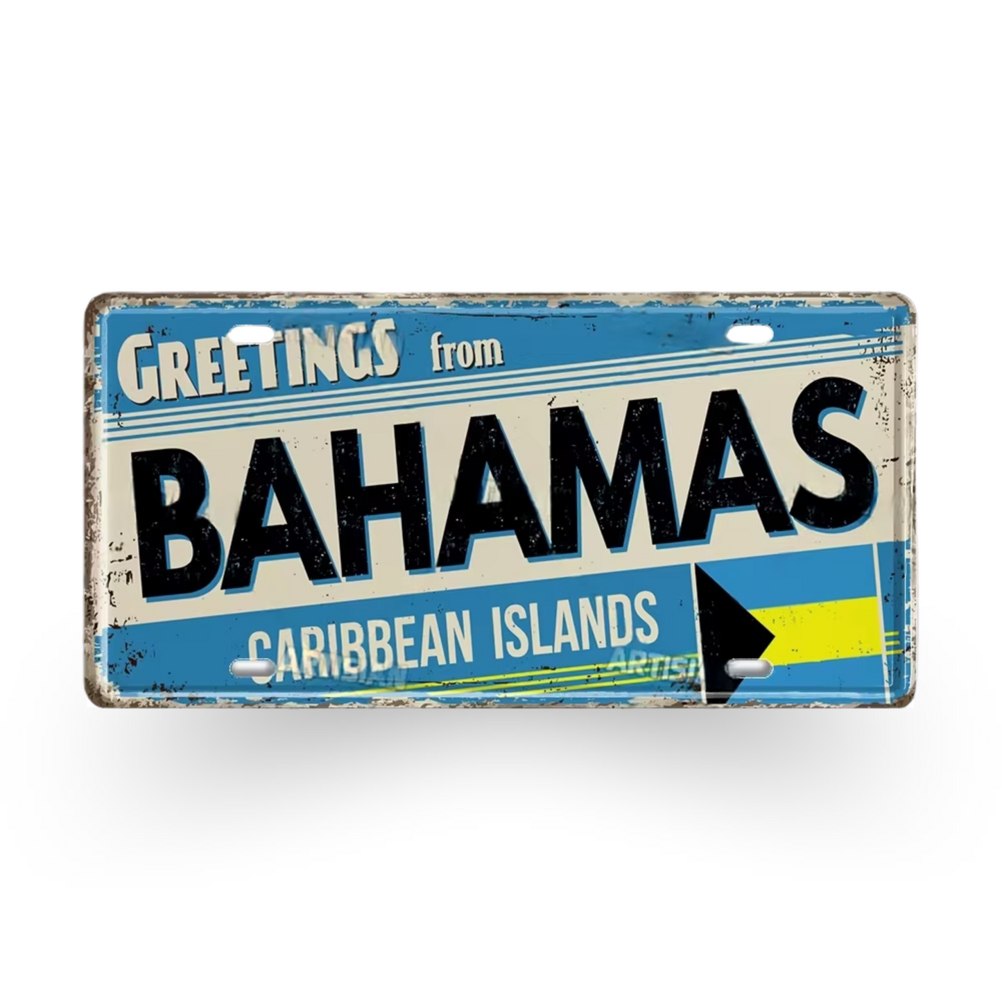Caribbean Island License Plate Tin Signs • Tropical Travel Souvenir Metal Prints • Decorative Wall Plaques for Home and Bar Decor • Papagaio Studio Design Shop