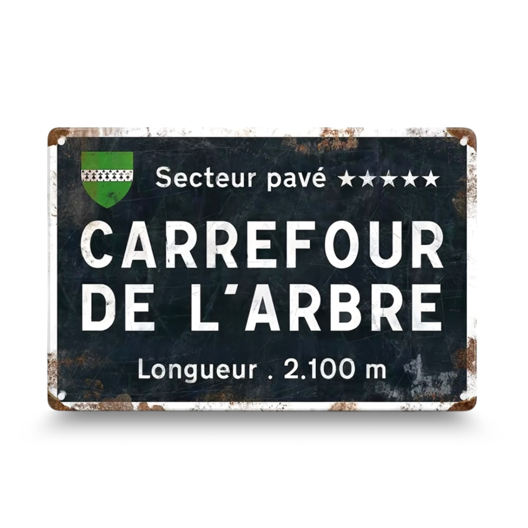 Vintage-style road sign with text 'CARREFOUR DE L'ARbre' on a white background