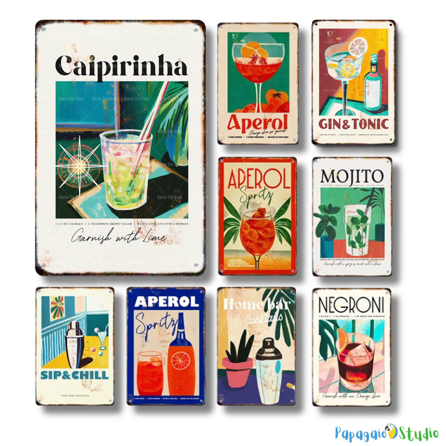 Classical Cocktail Metal Print, Caipirinha, Gin & Tonic, Aperol Vintage Tin Sign • Papagaio Studio Decor Shop