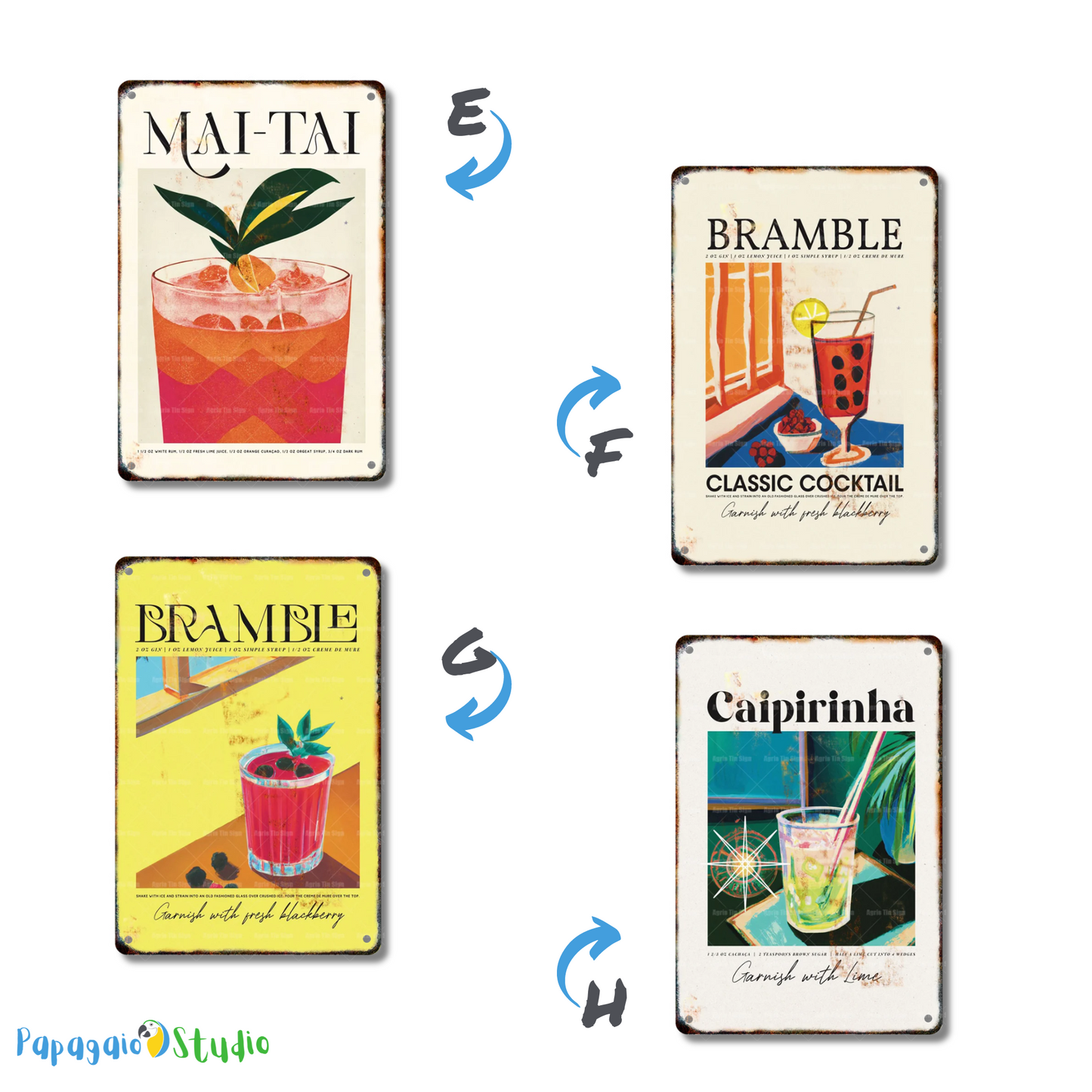 Classical Cocktail Metal Print, Caipirinha, Gin & Tonic, Aperol Vintage Tin Sign • Papagaio Studio Decor Shop