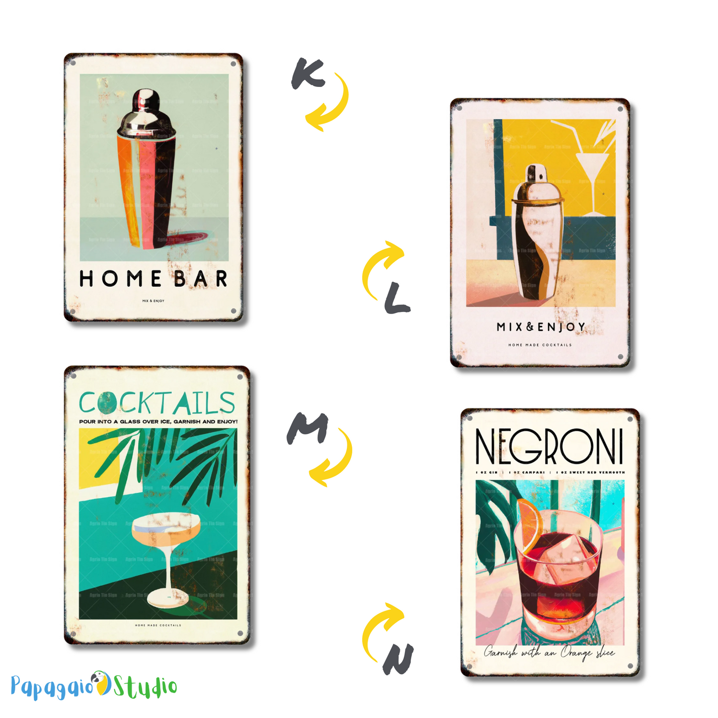 Classical Cocktail Metal Print, Caipirinha, Gin & Tonic, Aperol Vintage Tin Sign • Papagaio Studio Decor Shop