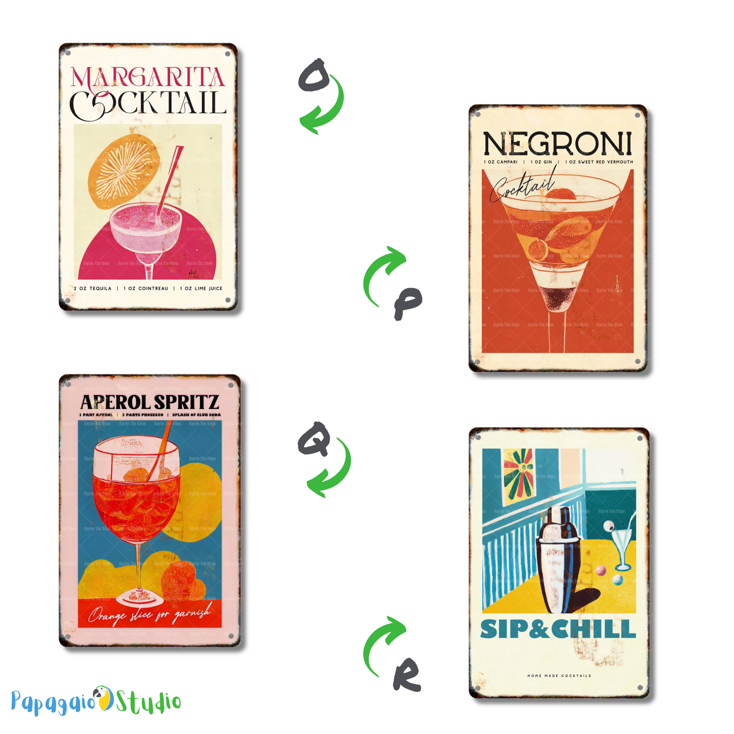 Classical Cocktail Metal Print, Caipirinha, Gin & Tonic, Aperol Vintage Tin Sign • Papagaio Studio Decor Shop