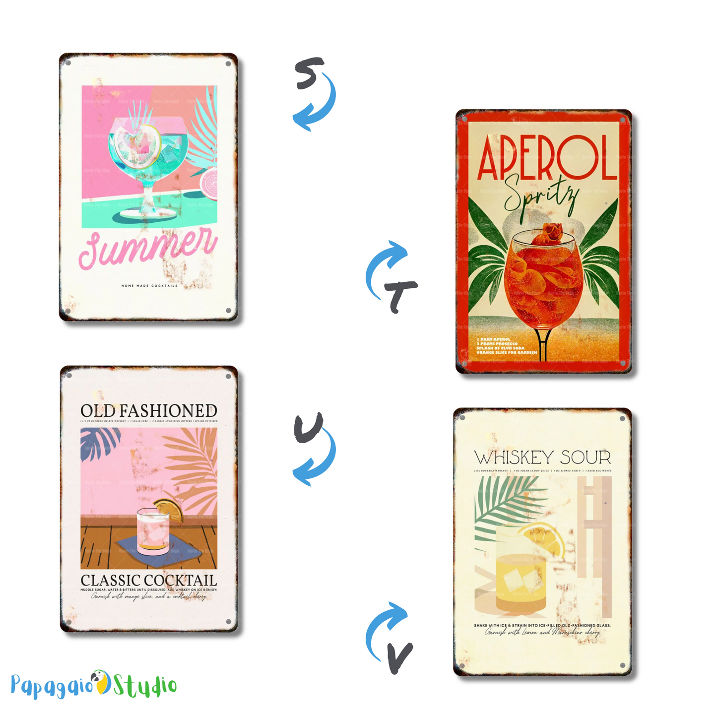 Classical Cocktail Metal Print, Caipirinha, Gin & Tonic, Aperol Vintage Tin Sign • Papagaio Studio Decor Shop