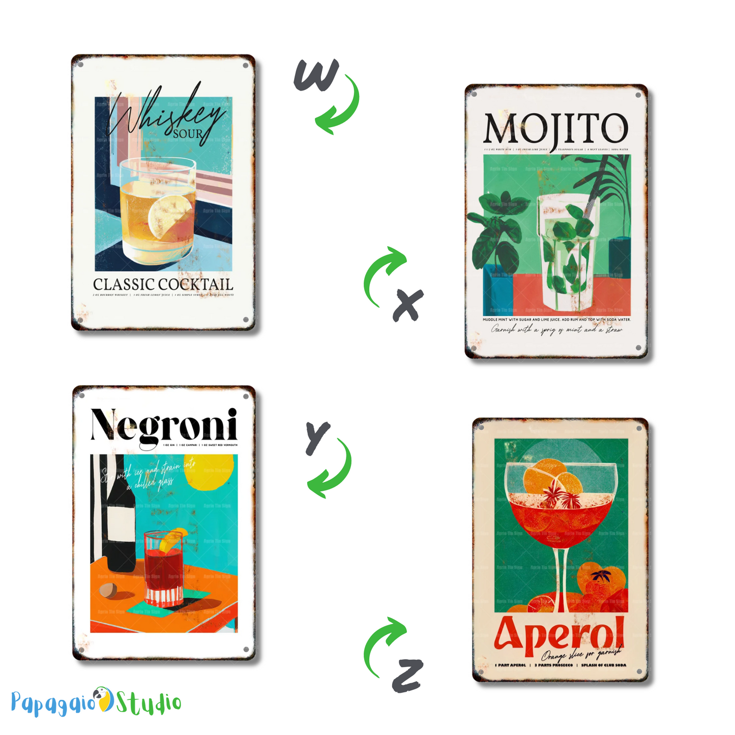 Classical Cocktail Metal Print, Caipirinha, Gin & Tonic, Aperol Vintage Tin Sign • Papagaio Studio Decor Shop