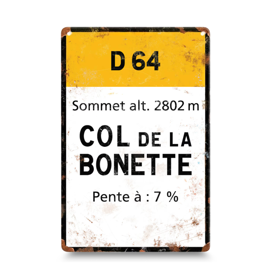 Vintage-style metal sign with black text on a yellow and white background