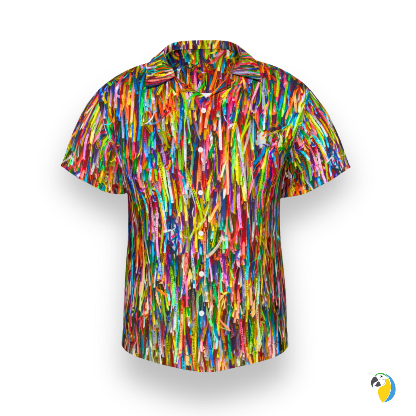 Fitinha Bonfim Button-Up Shirt • All-Over Print Brazilian Ribbon Shirt • Vibrant Brazil Cultural Wear Gift For Carnival Party • Papagaio Studio Design Shop