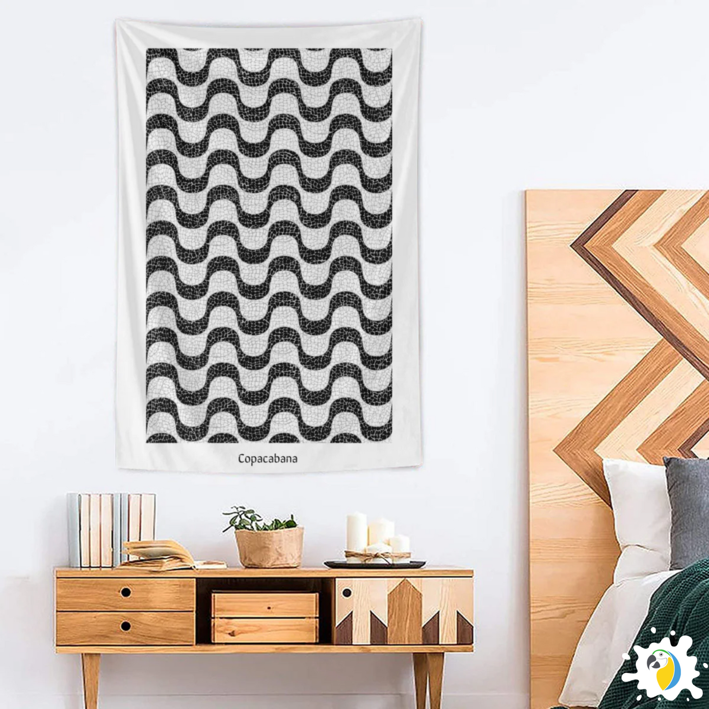 Copacabana Brasil Mosaic Promenade Wall Tapestry • Brazilian Sidewalk Art Design • Iconic Rio De Janeiro Black And White Wave Pattern Wall Hanging
