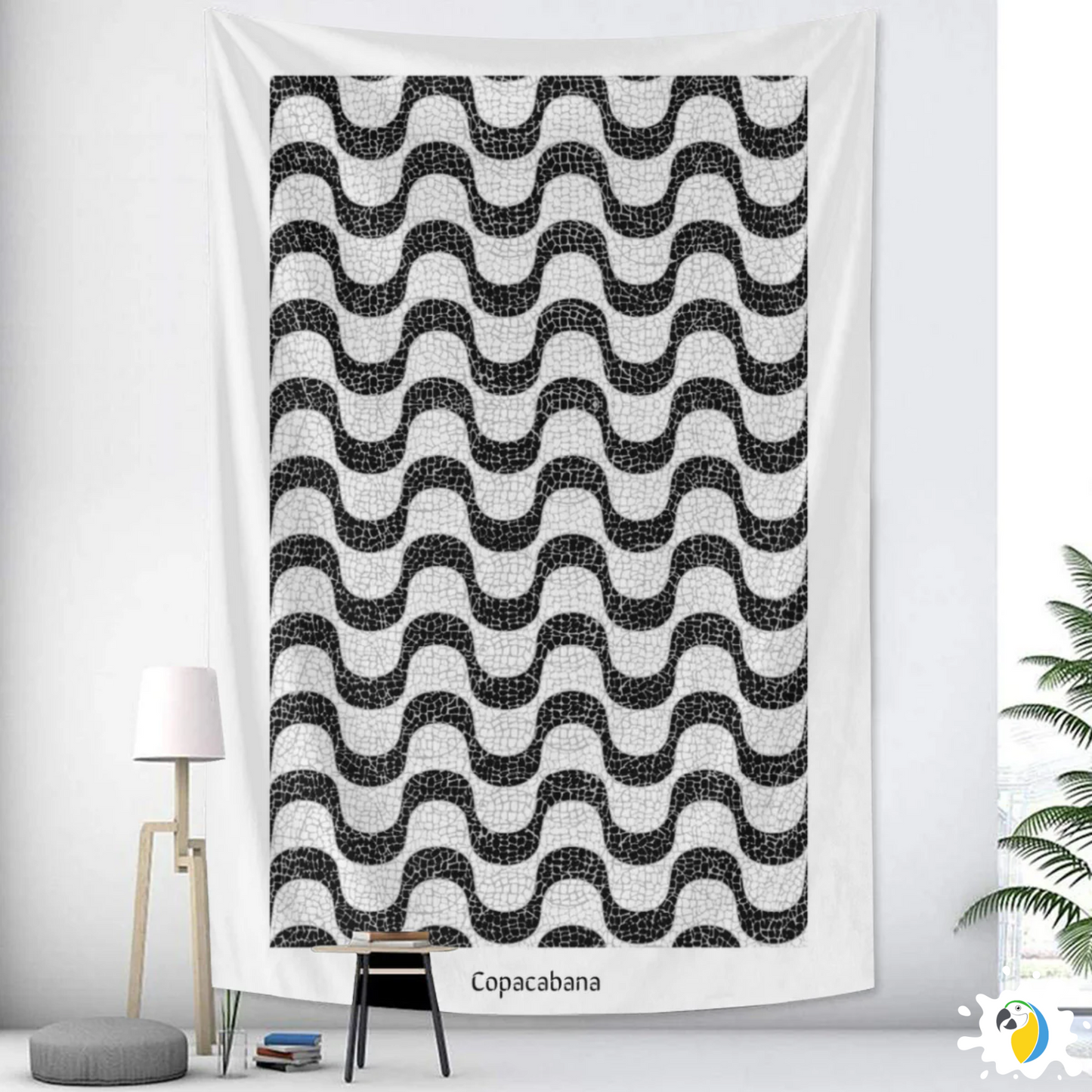 Copacabana Brasil Mosaic Promenade Wall Tapestry • Brazilian Sidewalk Art Design • Iconic Rio De Janeiro Black And White Wave Pattern Wall Hanging