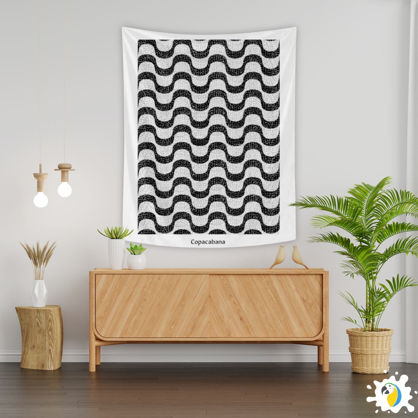 Copacabana Brasil Mosaic Promenade Wall Tapestry • Brazilian Sidewalk Art Design • Iconic Rio De Janeiro Black And White Wave Pattern Wall Hanging