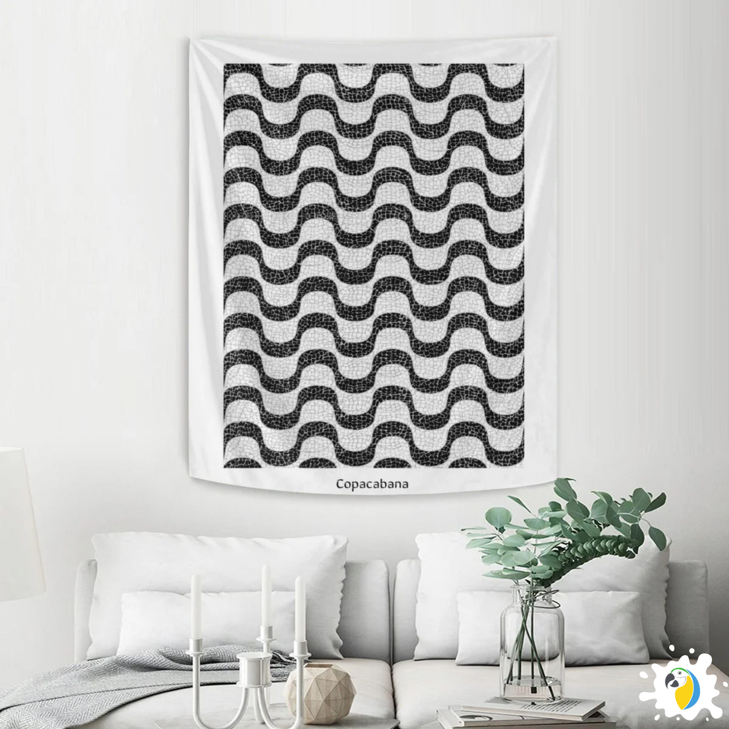 Copacabana Brasil Mosaic Promenade Wall Tapestry • Brazilian Sidewalk Art Design • Iconic Rio De Janeiro Black And White Wave Pattern Wall Hanging