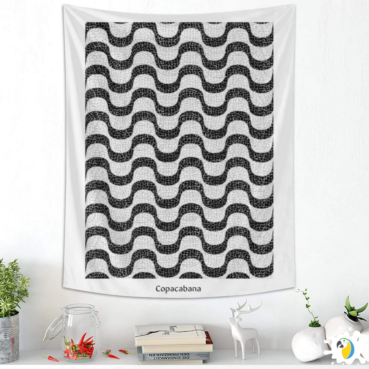 Copacabana Brasil Mosaic Promenade Wall Tapestry • Brazilian Sidewalk Art Design • Iconic Rio De Janeiro Black And White Wave Pattern Wall Hanging