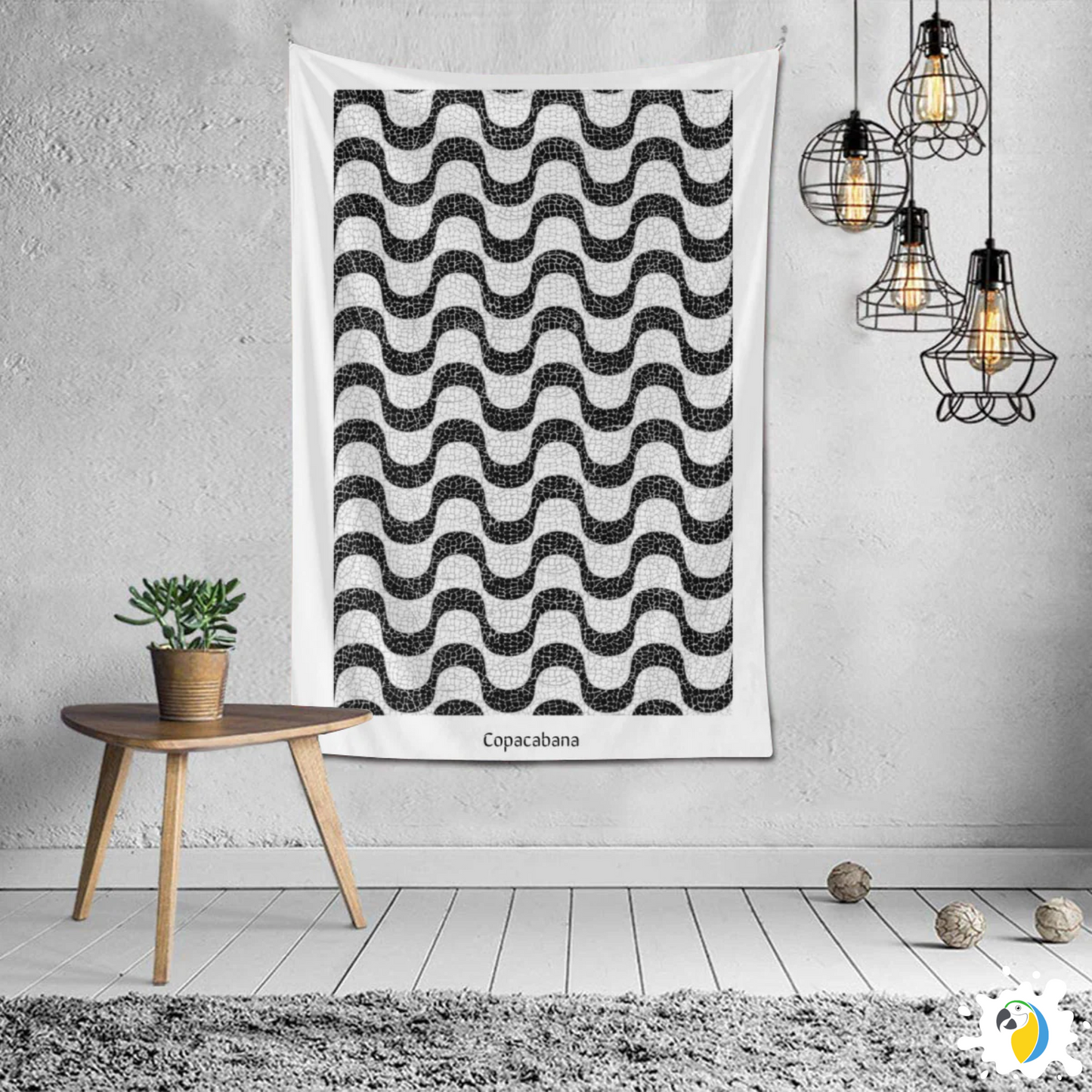 Copacabana Brasil Mosaic Promenade Wall Tapestry • Brazilian Sidewalk Art Design • Iconic Rio De Janeiro Black And White Wave Pattern Wall Hanging